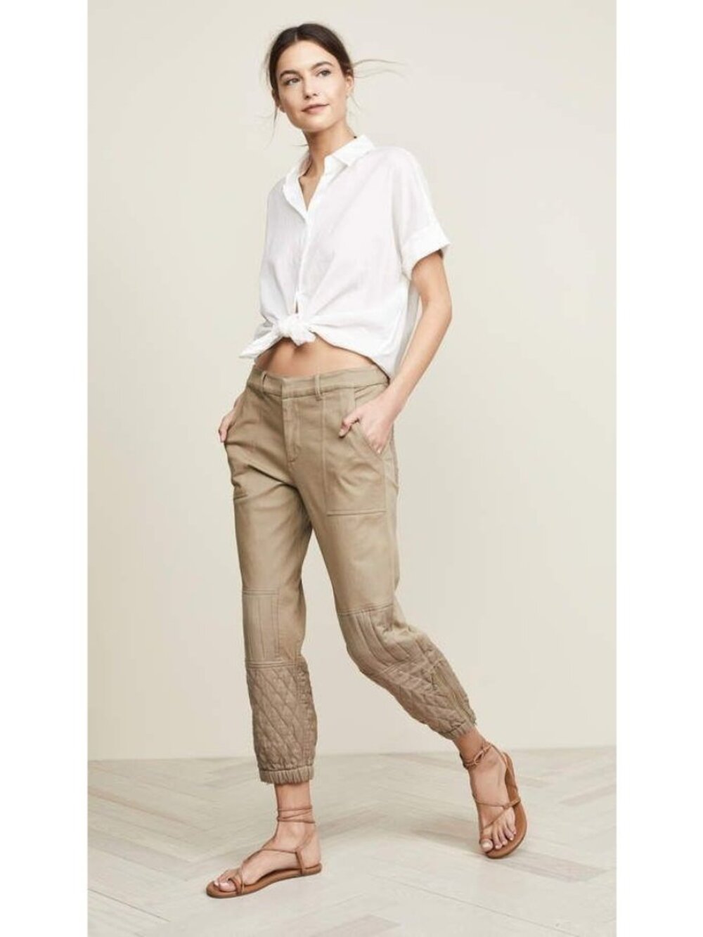 Sea New York Romy Quilted Khaki Cropped Cotton Pants Trousers Joggers 6 Small